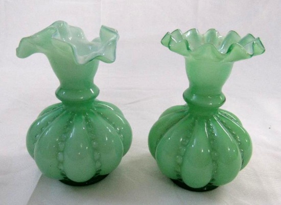 (2) Antique Fenton Green Beaded Melon 4.5" Vases