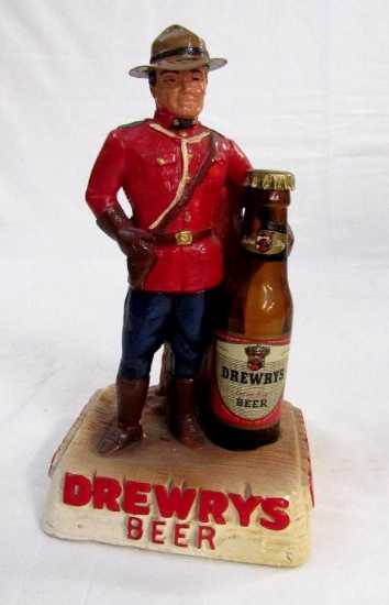 Antique Drewrys Beer Chalkware w/ Glass Bottle Bar Display Statue 7"