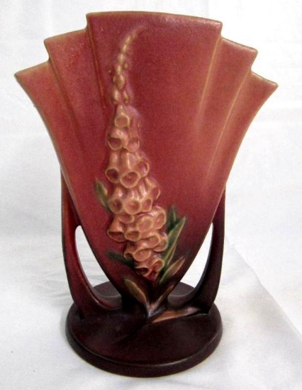 Antique Roseville Pottery #47-8" Pink Foxglove Fan Vase