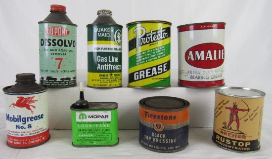 Lot (8) Vintage Gas & Oil Related Metal Cans- Mopar, Amalie, Mobil, Archer, Firestone+