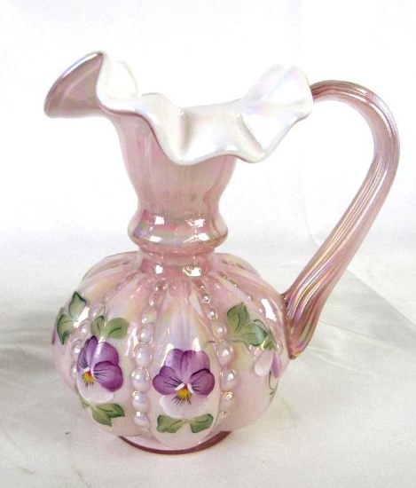 Fenton Hand Painted 6" Pink Cased Glass Beaded Melon Pitcher (Bill Fenton)