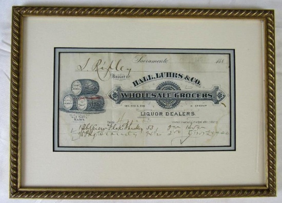 1880's Sacramento California Hall Luhrs & Co. (Liquor Dealers) Receipt