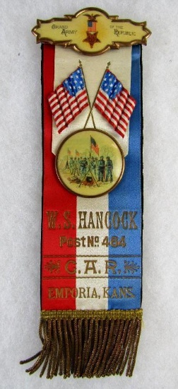Excellent Antique Grand Army of the Republic G.A.R. Emporia Kansas Ribbbon/ Badge