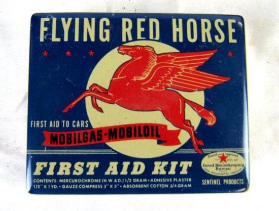 Antique Mobil Pegasus " Flying Red Horse" Tin First-Aid Kit Complete