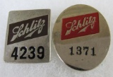 (2) Vintage Original Schlitz Beer Brewery Employee Worker Badges