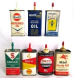 Lot (7) Antique Handy Oiler Oil Cans- Sunoco, Shell, Mobil, Gulf, Singer+