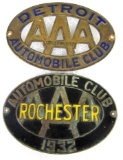(2) Antique AAA Automobile Club Metal Grill Badges/ License Toppers Detroit, Rochester NY