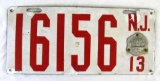 1913 New Jersey Porcelain License Plate w/ Original Seal Tag
