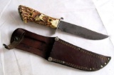 Antique Decora Solingen Germany Fixed Blade Knife w/ Elk Stag Handle