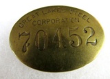 Antique Original Great Lakes Steel Corporation Employee Worker Badge