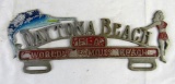 Antique Daytona Beach Florida Cast Metal License Plate Topper w/ Bathing Beauty