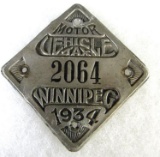 Antique 1934 Winnipeg Manitoba Vehicle Tax License Plate Badge