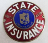 Antique State Insurance Indianapolis Cloisonne/ Porcelain Automobile Grill Badge