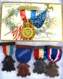 Grouping (4) Antique Civil War Sons of Union Veterans Medals + Postcard