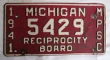 Rare 1941 Michigan Reciprocity Board License Plate