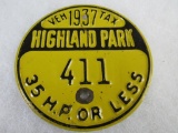 Antique 1937 Highland Park, Michigan Vehicle Tax Metal License Plate Badge