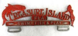 Antique Treasure Island Florida Cast Metal License Plate Topper w/ Bathing Beauty