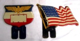 (2) Antique WWII Era Patriotic Embossed Metal License Plate Toppers