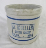 Antique J. Mueller Sanitary Grocery Blair Nebraska Red Wing Stoneware Beater Jar