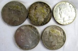 (5) 1922 Peace Silver Dollars (3-D, 2-P)