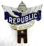 Antique Republic Auto Insurance of Detroit Porcelain License Plate Topper