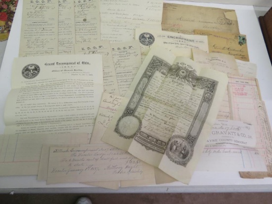 Outstanding 1880's I.O.O.F. Oddfellows Encampment Ephemera Inc. Receipts, Committee Reports and More