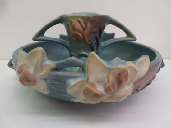 Antique Roseville Pottery Magnolia Console Bowl and Flower Frog in Blue