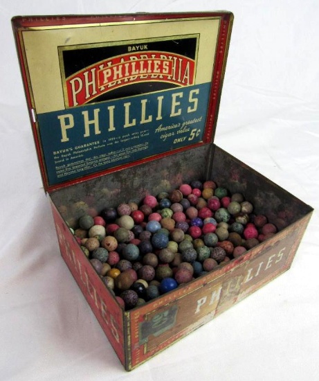 Antique Phillies Cigars Tobacco Tin Filled with Antique Clay Marbles