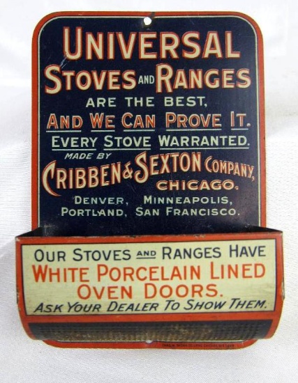 Antique Universal Stoves and Ranges Tin Advertising Match Holder/ Safe