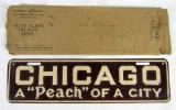Antique 1920's/30's Chicago A Peach of a City License Plate/ Topper