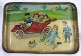 Excellent Antique Tin Litho Tray w/ Children in Automobile c. 1910's-20's
