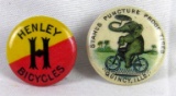 (2) Antique Bicycle Related Advertising Celluloid Collar Tab Pins/ Buttons