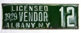Rare 1929 Albany New York Vendor License Plate