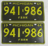 1964 Michigan Farm License Plates Pair