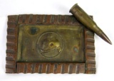 WWI Brass & Copper Trench Art Ashtray w/ German Spike Helmet & Ammo Cartridge