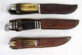(3) Vintage Queen Cutlery USA Fixed Blade Knives in Original Sheaths
