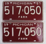 1957 Michigan Farm License Plates Pair