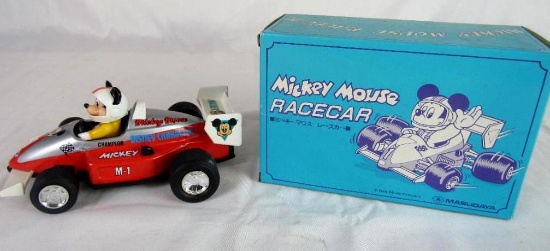 Vintage 1980's Masudaya Japan Disney Mickey Mouse Tin & Plastic 6.5" Race Car