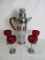 Vintage 1930's Art Deco Chrome & Red Bakelite Cocktail Shaker set w. Cordials