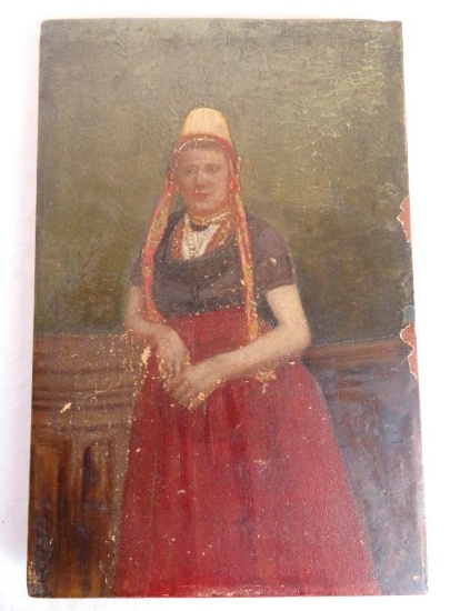 Antique 7" x 5" Oil On Wood Portrait Painting