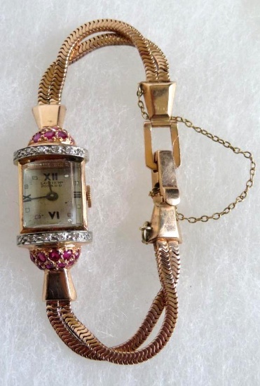 Oustanding Lucien Picard 14K Gold with Rubies and Diamonds Ladies Wrist Watch