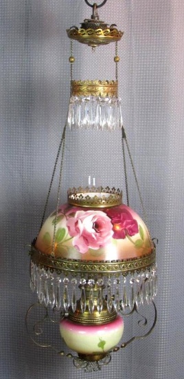 Outstanding Antique Victorian Hand Painted 15" Retractable Hanging Oil Parlor Lamp