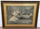 Antique 1890 Girl with Chick Framed Print by M.B. Parkinson NY