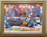 Rare Vintage 1971 Miller High Life Beer- Ron Burton Framed Indy 500 Cardboard Sign- Original