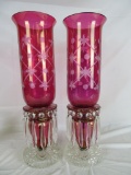Antique Cranberry Cut to Crystal EAPG Pressed Glass Candleholders with Hanging Prisms
