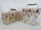 2 Sets of 1960's MCM Libbey Gold Leaf Glass Tumbler and Stemware Sets in Metal Caddys