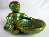 Vintage Zsolnay Green Irridized Art Glass Girl with Basket