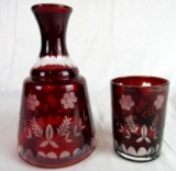 Antique Bohemian Ruby Cut to Clear 2pc Tumble Up Drink Carafe & Tumbler