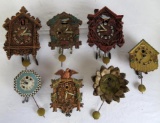 Lot of (7) Vintage Soroco Miniature Key Wind Wall Clocks, Most are Lux Waterbury