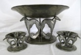 Beautiful Art Deco Mayflower Pewter Footed Console Bowl & Candlestick Holders w/ Greyhounds